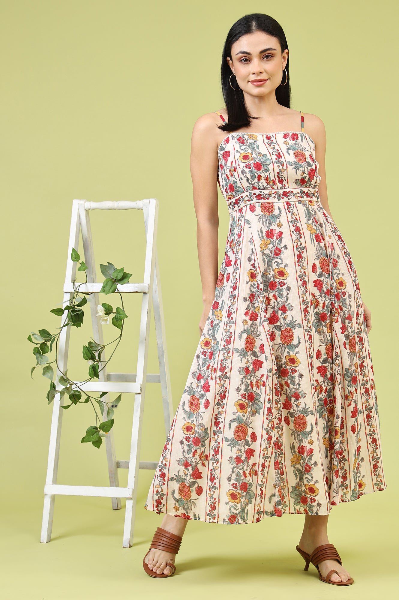 Off-White Vibrant Floral Printed Pure Cotton Flared Spaghetti Dress - View 10